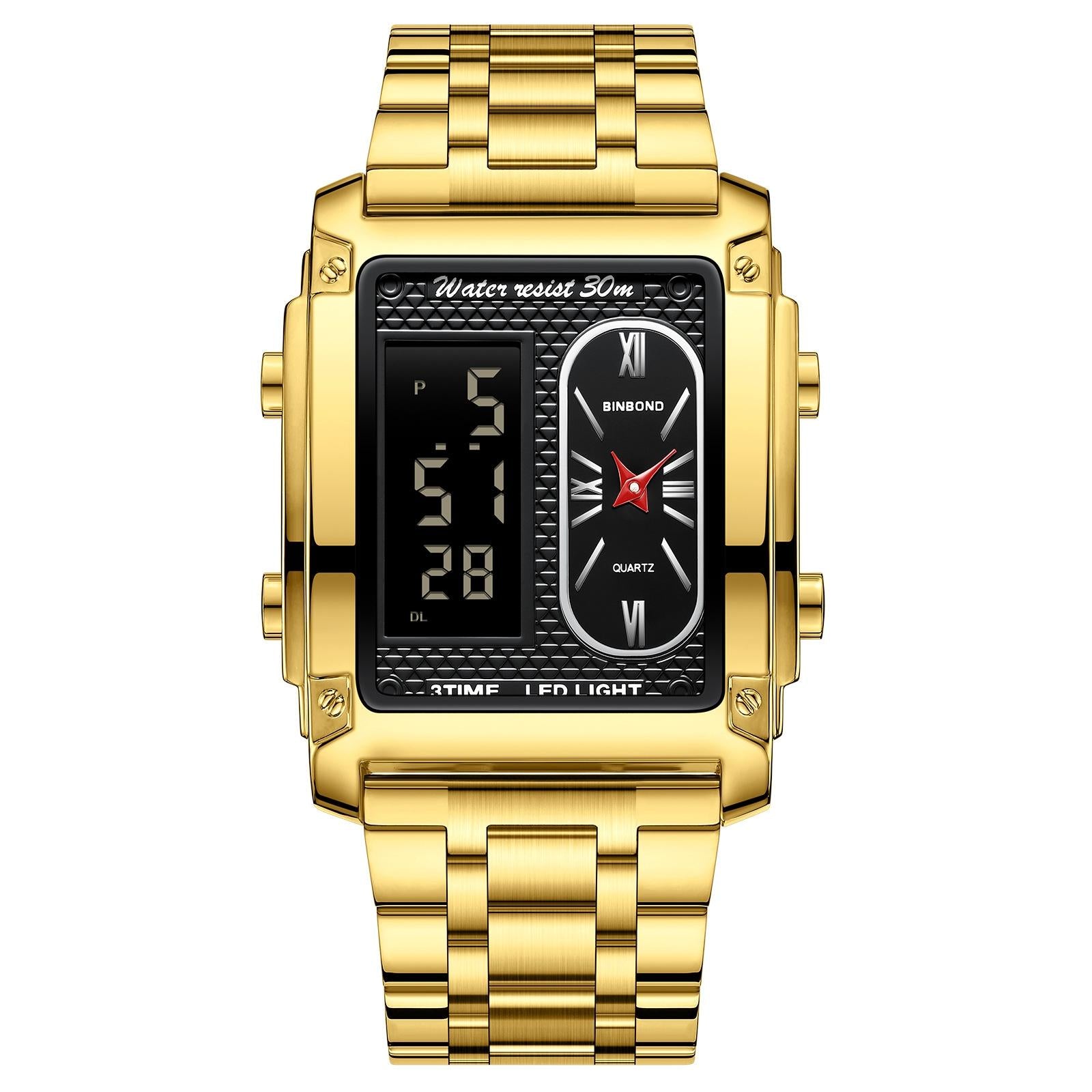 Waterproof Men Led Quartz Watch - Multifunctional Luminous - Metal-Black