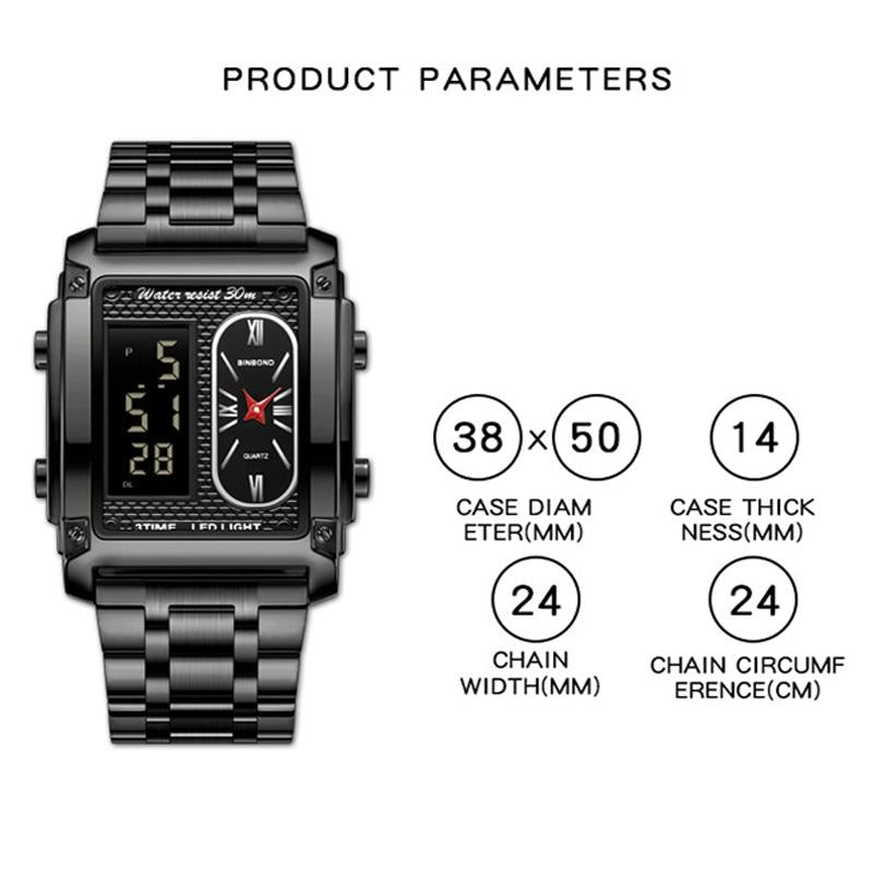 Waterproof Men Led Quartz Watch - Multifunctional Luminous - Metal-Black 4