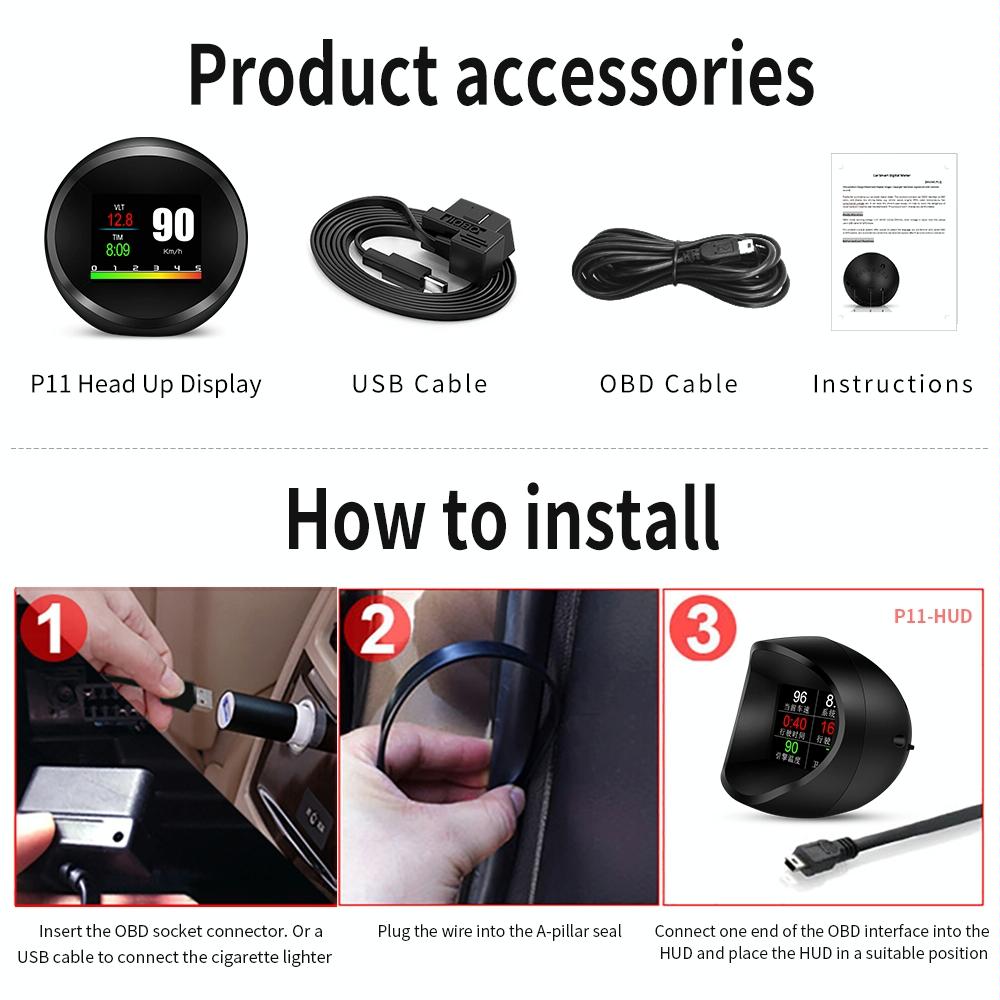 Car Hud Head Up Display Obd2 + Gps Mode Water Temp Speed Voltage Fuel Speed Alarm 10