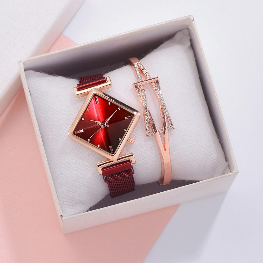 Red Diamond Dial Quartz Watch & Bracelet Set for Women 4