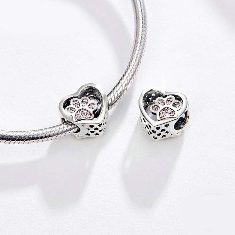 925 Sterling Silver Pet Paw Print Beaded Bracelet - Silver 12