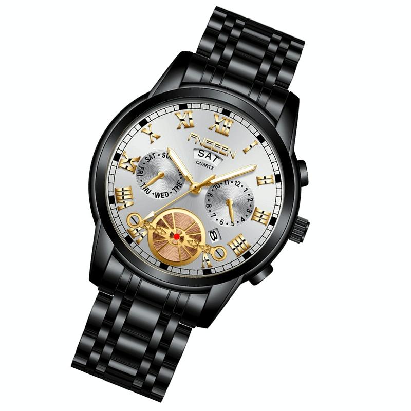 Men Multi-function Quartz Watch - Black Steel with White Face and Gold Accents 3