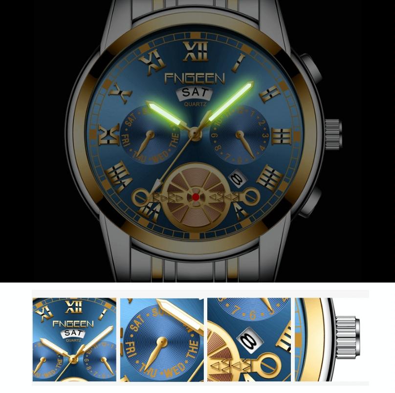 Men Multi-function Quartz Watch - Black Steel with White Face and Gold Accents 4