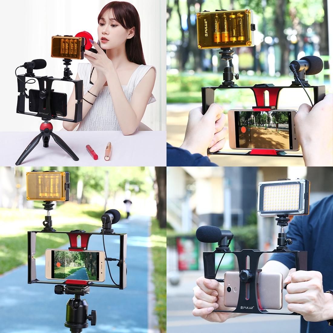 Live Broadcast Vlogging Kit With Led Light Microphone Tripod & Cold Shoe Head - Blue 4
