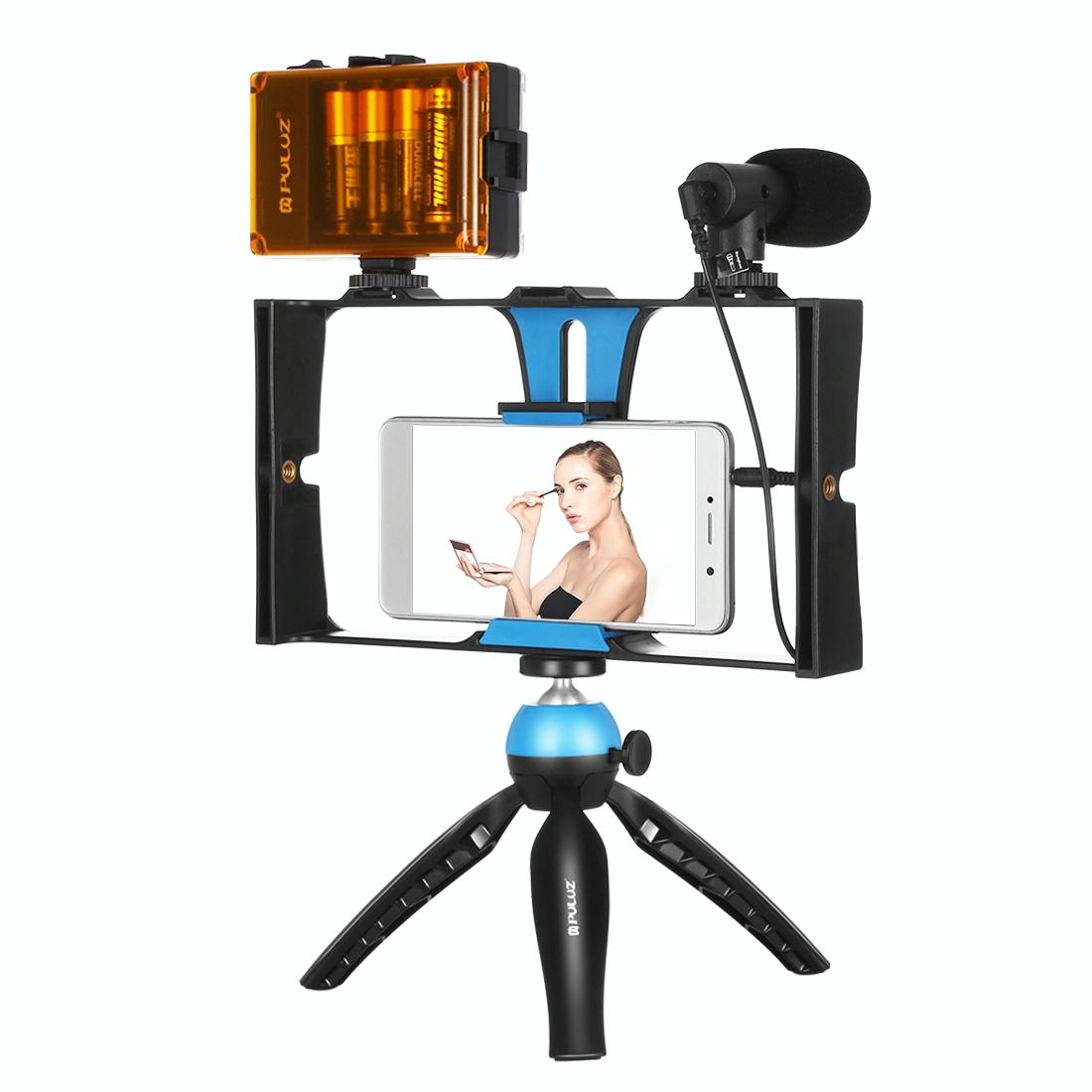 Live Broadcast Vlogging Kit With Led Light Microphone Tripod & Cold Shoe Head - Blue 14
