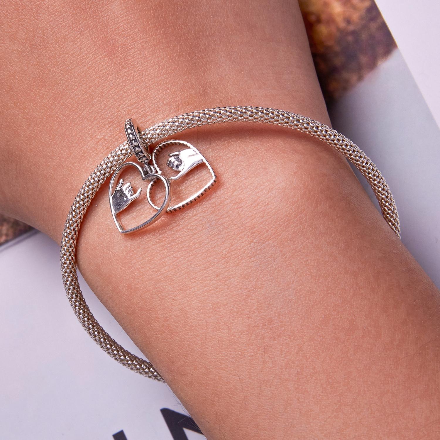 925 Sterling Silver Hand In Hand Heart Pendant For Diy Bracelets & Necklaces 8