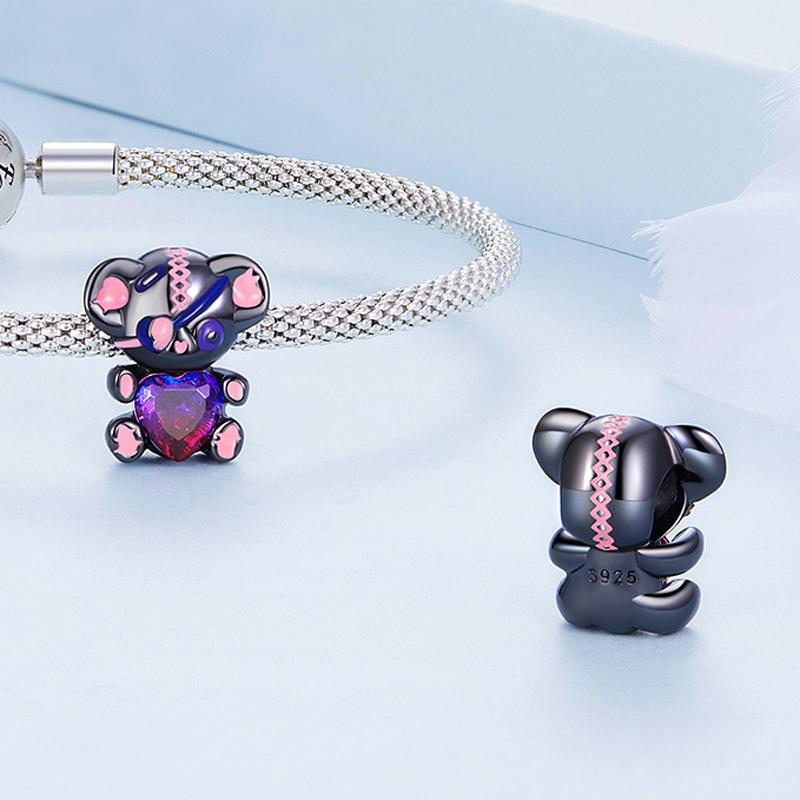925 Sterling Silver Bear Beads Love Bracelet Black Gold Plated 4