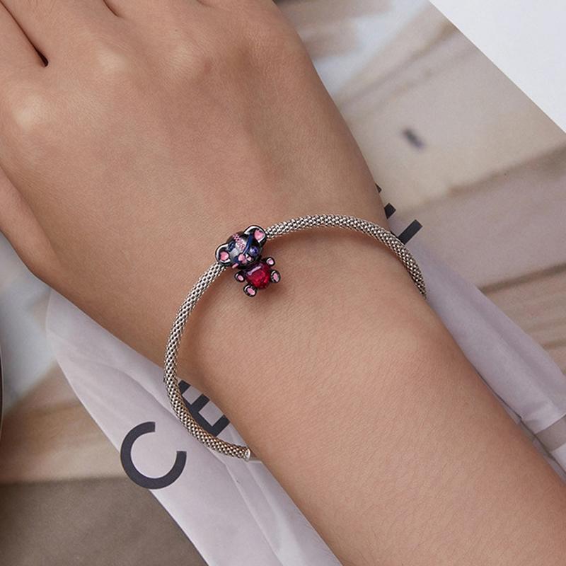 925 Sterling Silver Bear Beads Love Bracelet Black Gold Plated 5