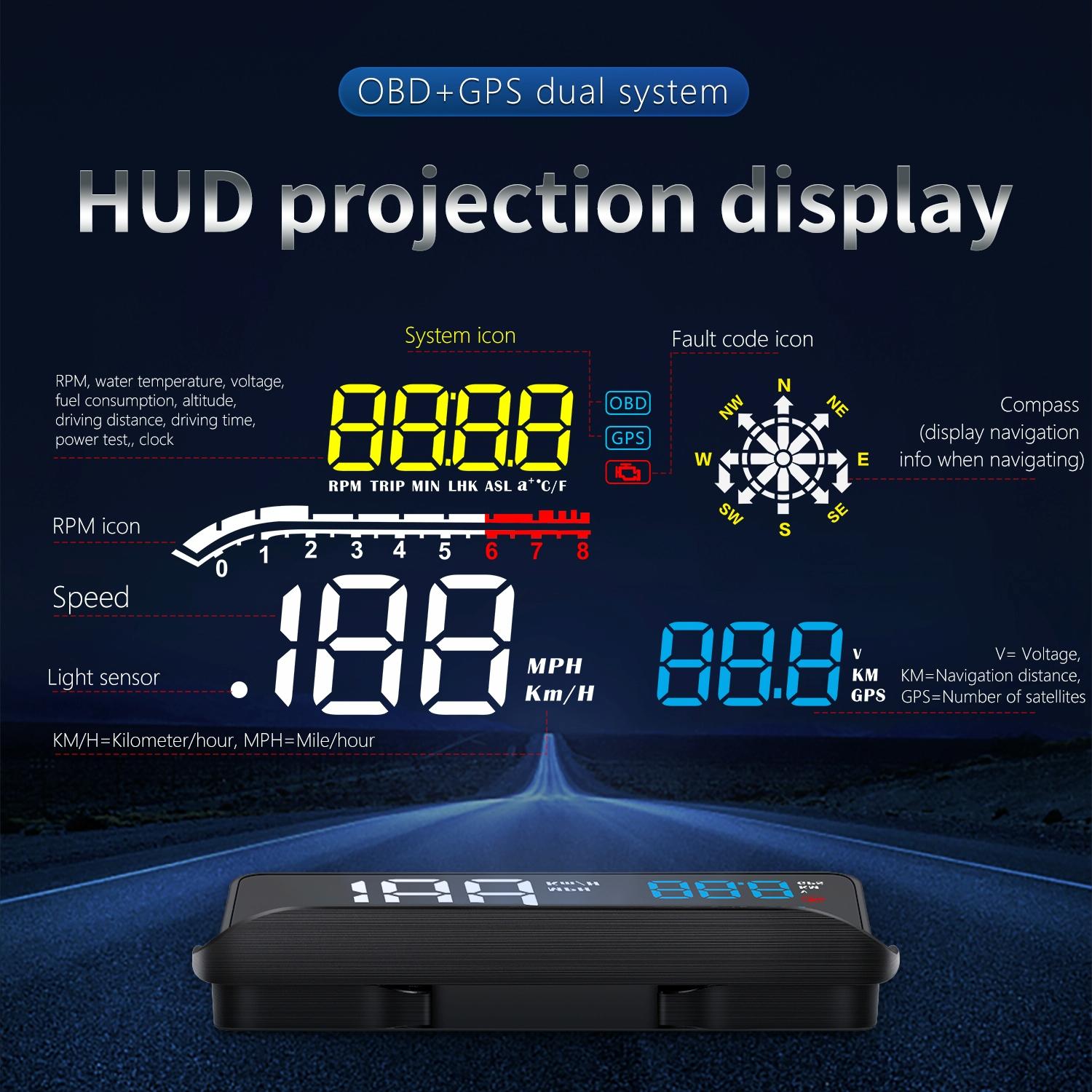 Car Obd2 Hud Head Up Display Gps Speed Meter With Speed Voltage And Water Temp Speed Alarm 7