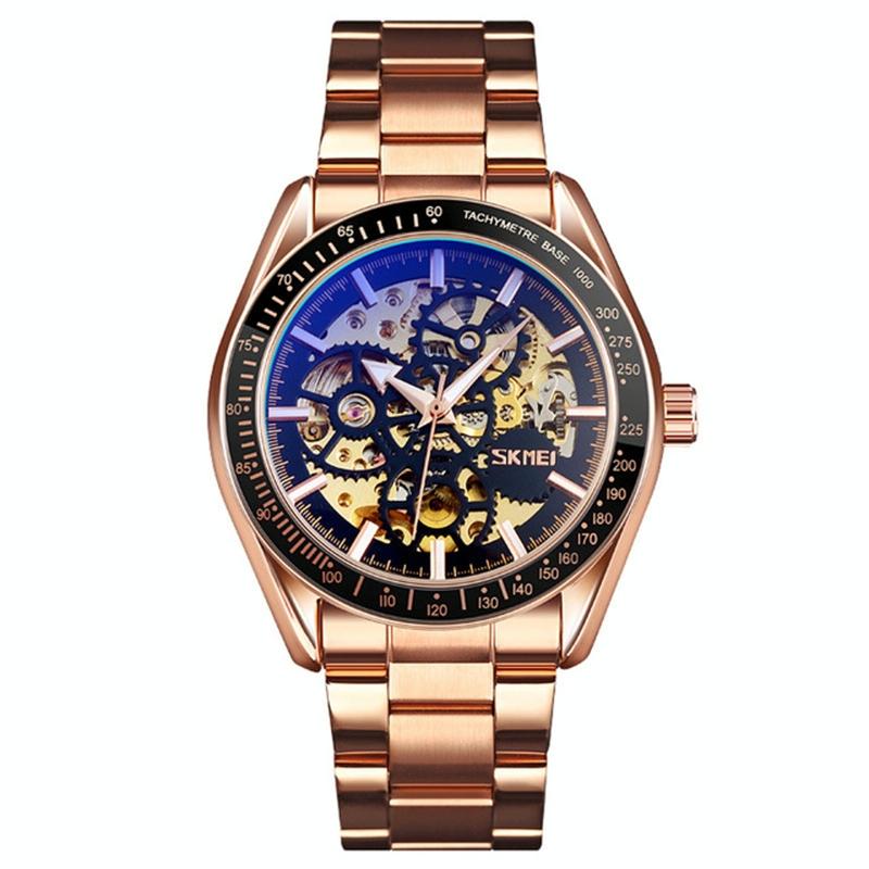 Rose Gold Automatic Skeleton Watch for Men with Steel Band