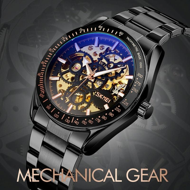 Rose Gold Automatic Skeleton Watch for Men with Steel Band 4