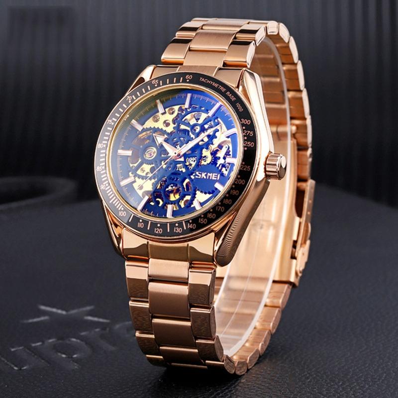 Rose Gold Automatic Skeleton Watch for Men with Steel Band 5