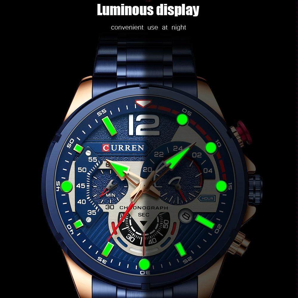 Men Quartz Watch with Six-hand Steel Strap and Calendar - Black Shell Green 6