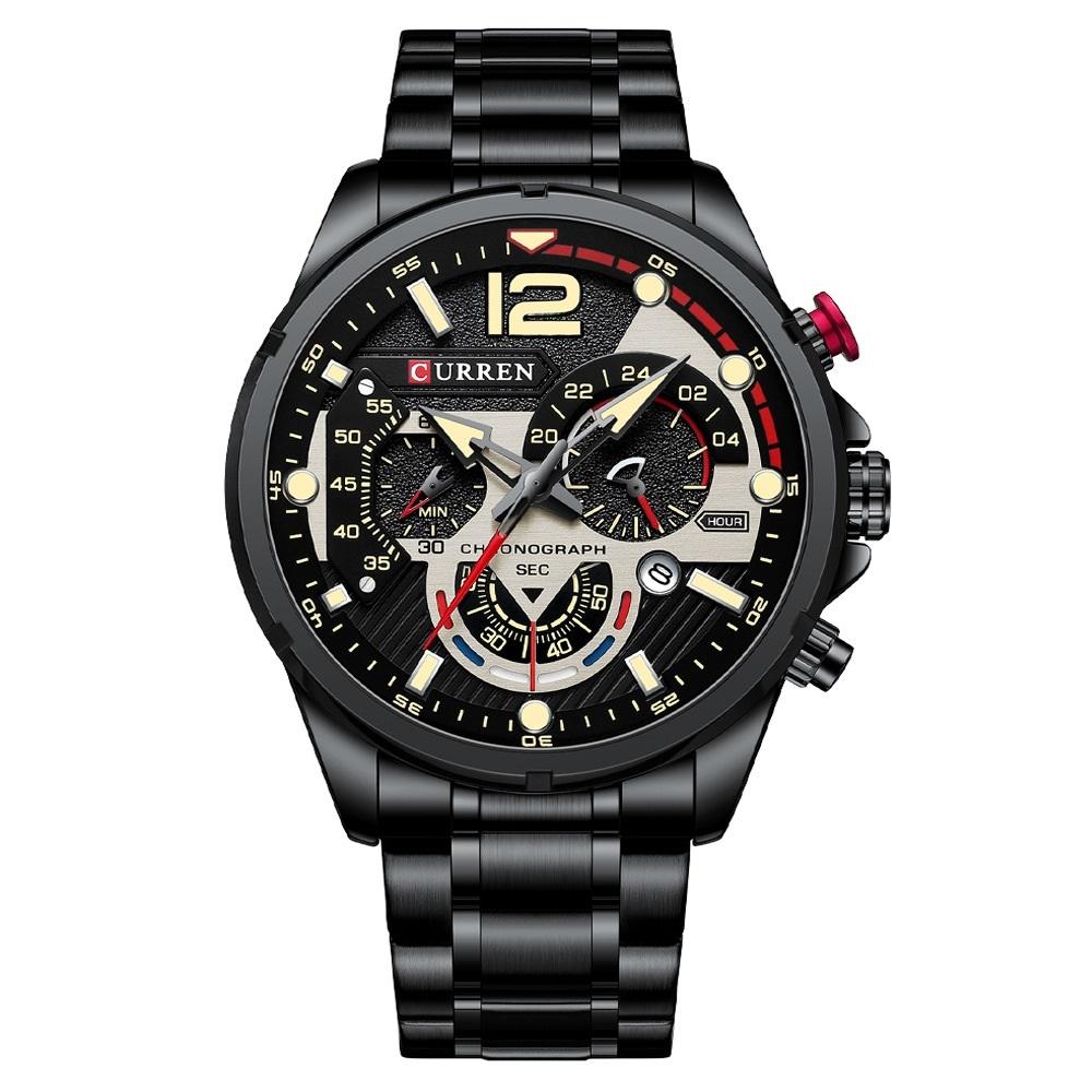 Men Quartz Watch with Six-hand Steel Strap and Calendar - Black Shell Green 13