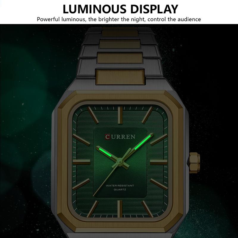 Square Steel Strap Men Quartz Watch - Business Style - Gold Green 7
