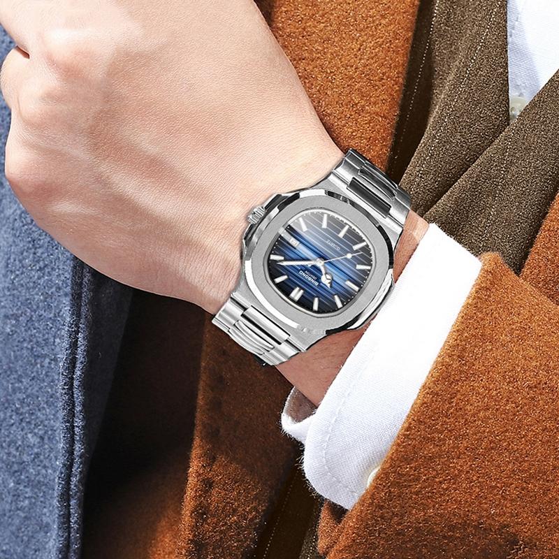 Retro Luminous Square Men Quartz Watch - 30m Waterproof - White Steel-Green 11
