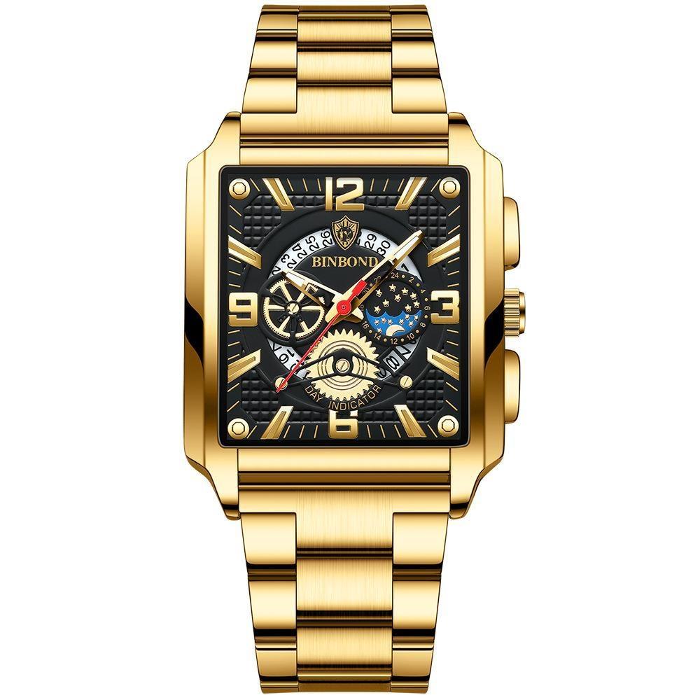 Vintage Square Multifunctional Luminous Quartz Watch for Men - Gold and Black