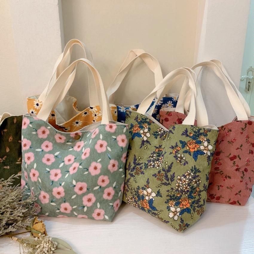 Large Capacity Corduroy Tote Bag with Floral Design - Red Rose 3