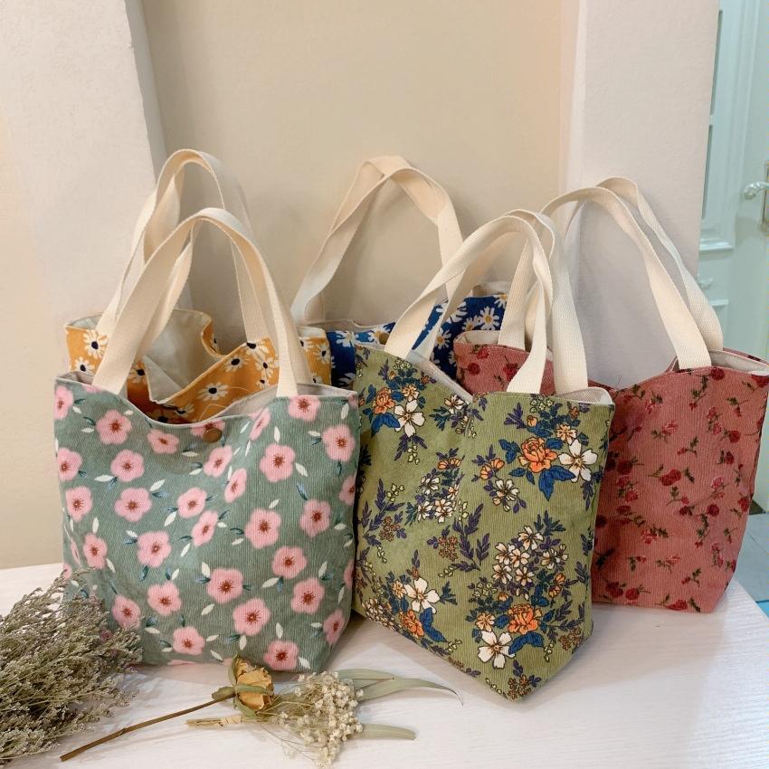 Large Capacity Corduroy Tote Bag with Floral Design - Red Rose 4