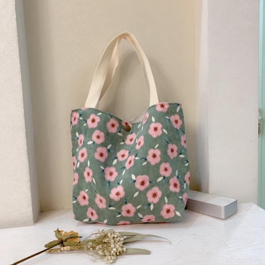 Large Capacity Corduroy Tote Bag with Floral Design - Red Rose 8