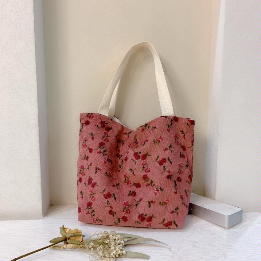 Large Capacity Corduroy Tote Bag with Floral Design - Red Rose 9