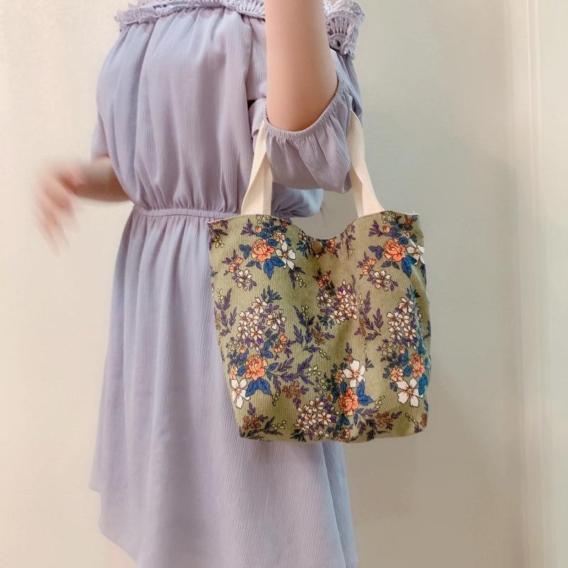 Large Capacity Corduroy Tote Bag with Floral Design - Red Rose 12