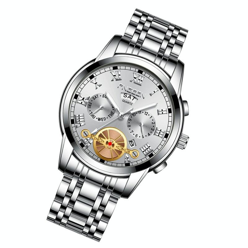 Men Multi-function Quartz Watch - White Steel with White Surface 3