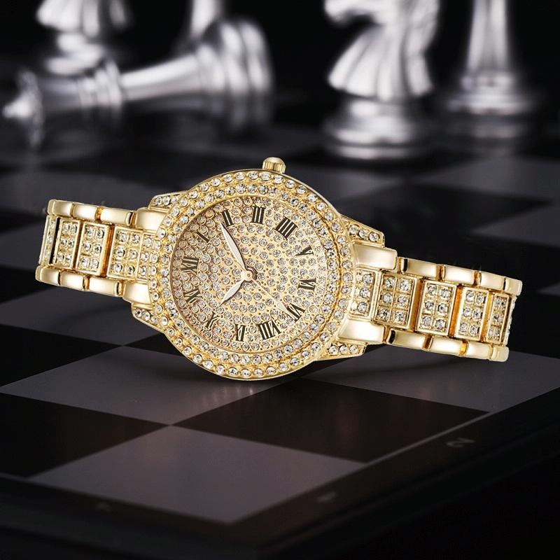 Gold Steel Strap Quartz Watch with Full Diamond Roman Numerals & Bracelet 3