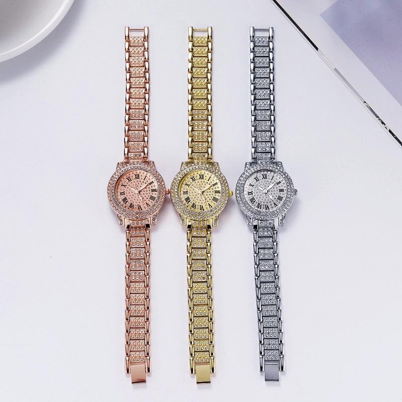 Gold Steel Strap Quartz Watch with Full Diamond Roman Numerals & Bracelet 4