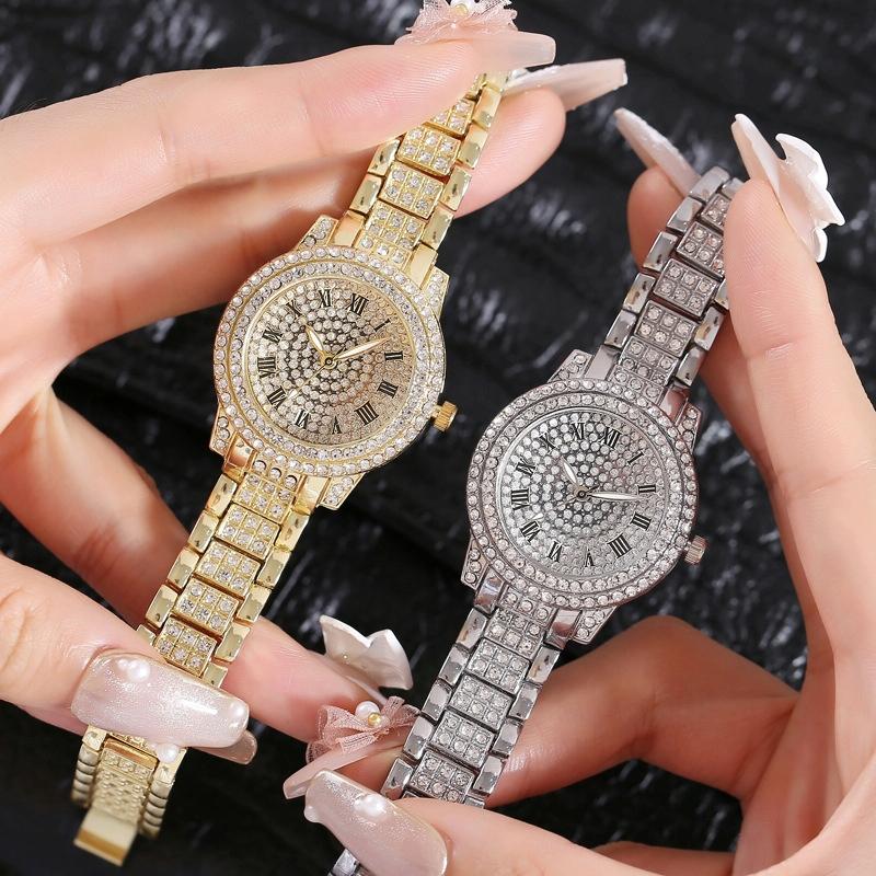 Gold Steel Strap Quartz Watch with Full Diamond Roman Numerals & Bracelet 5
