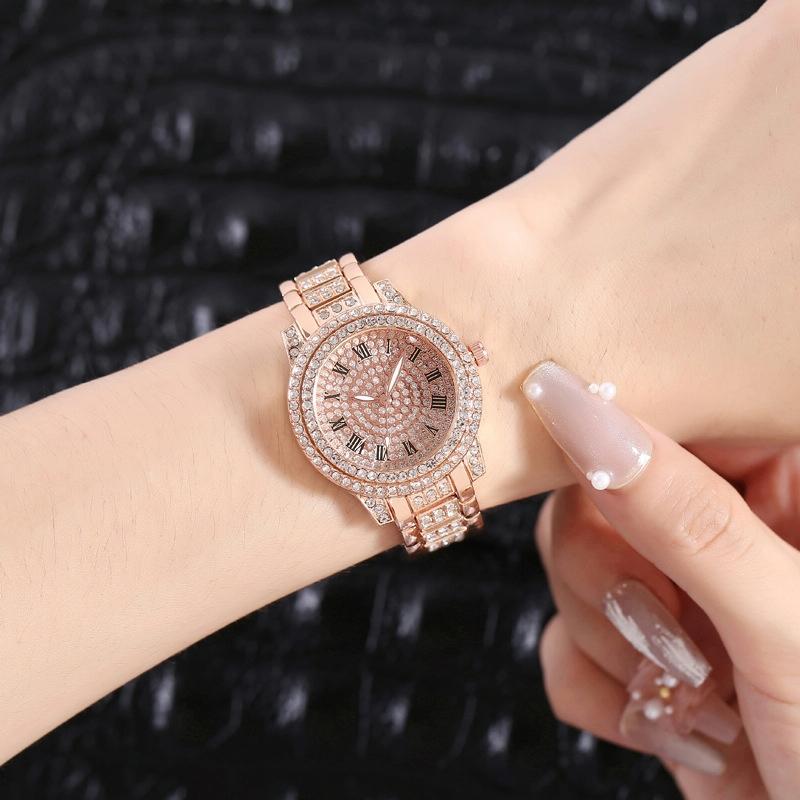 Gold Steel Strap Quartz Watch with Full Diamond Roman Numerals & Bracelet 6