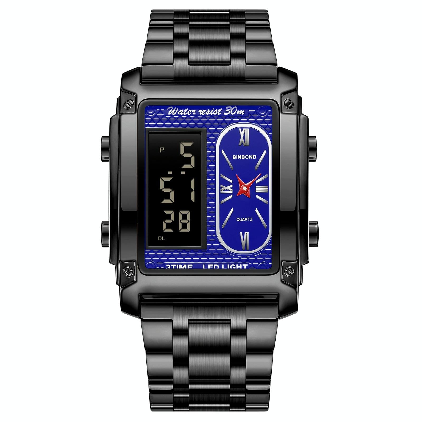 Waterproof Men Led Quartz Watch - Multifunctional Luminous - Black Steel-Blue