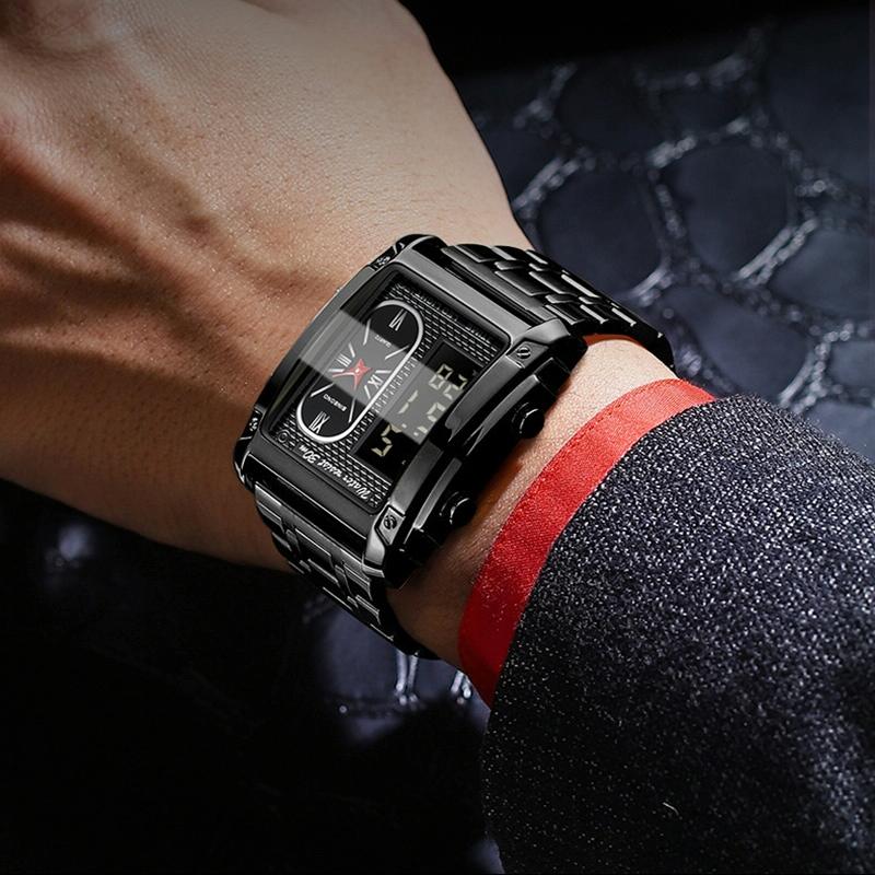 Waterproof Men Led Quartz Watch - Multifunctional Luminous - Black Steel-Blue 8