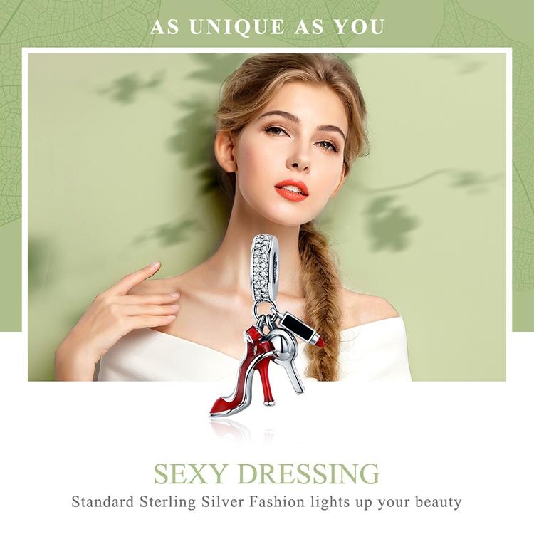 925 Sterling Silver Red Lipstick High Heels Makeup Mirror Charm 3