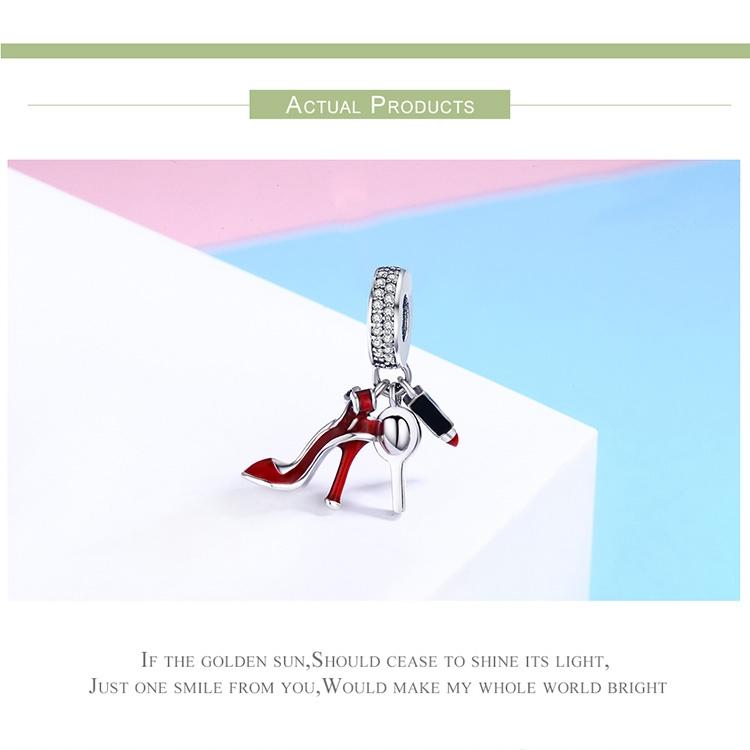 925 Sterling Silver Red Lipstick High Heels Makeup Mirror Charm 4