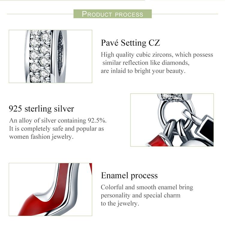 925 Sterling Silver Red Lipstick High Heels Makeup Mirror Charm 5