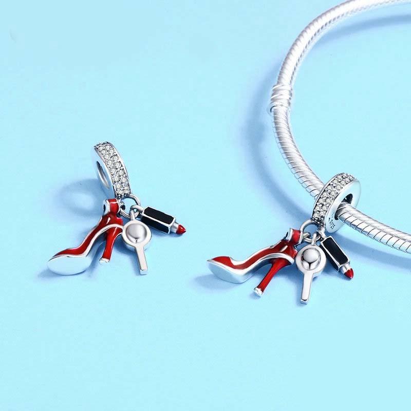 925 Sterling Silver Red Lipstick High Heels Makeup Mirror Charm 6