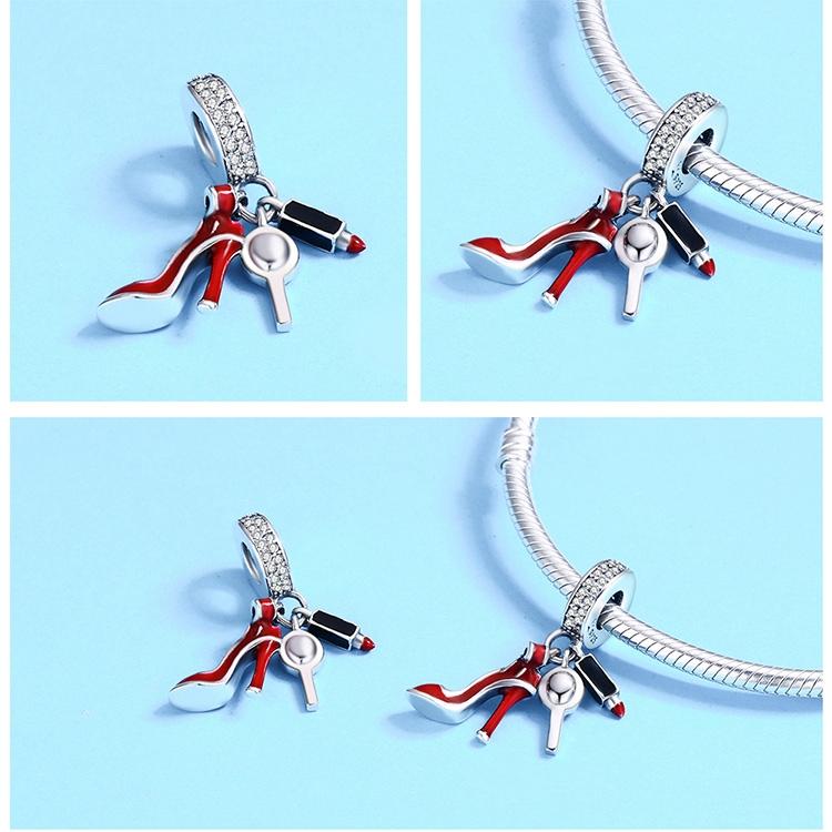 925 Sterling Silver Red Lipstick High Heels Makeup Mirror Charm 7