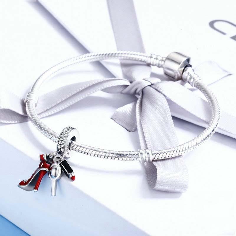 925 Sterling Silver Red Lipstick High Heels Makeup Mirror Charm 8