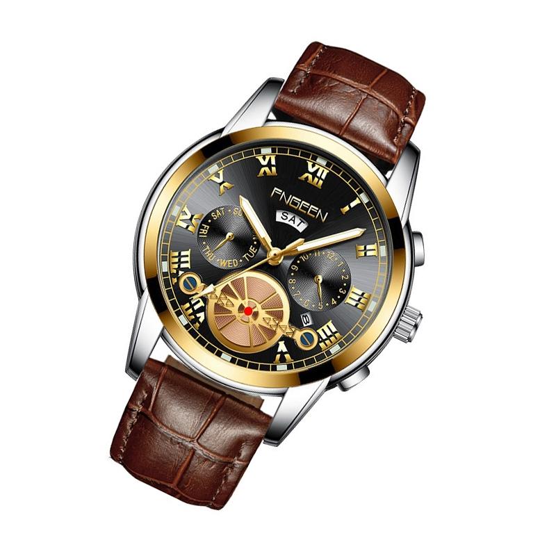 Men Multi-function Quartz Watch with Brown Leather Strap and Gold Black Dial 3