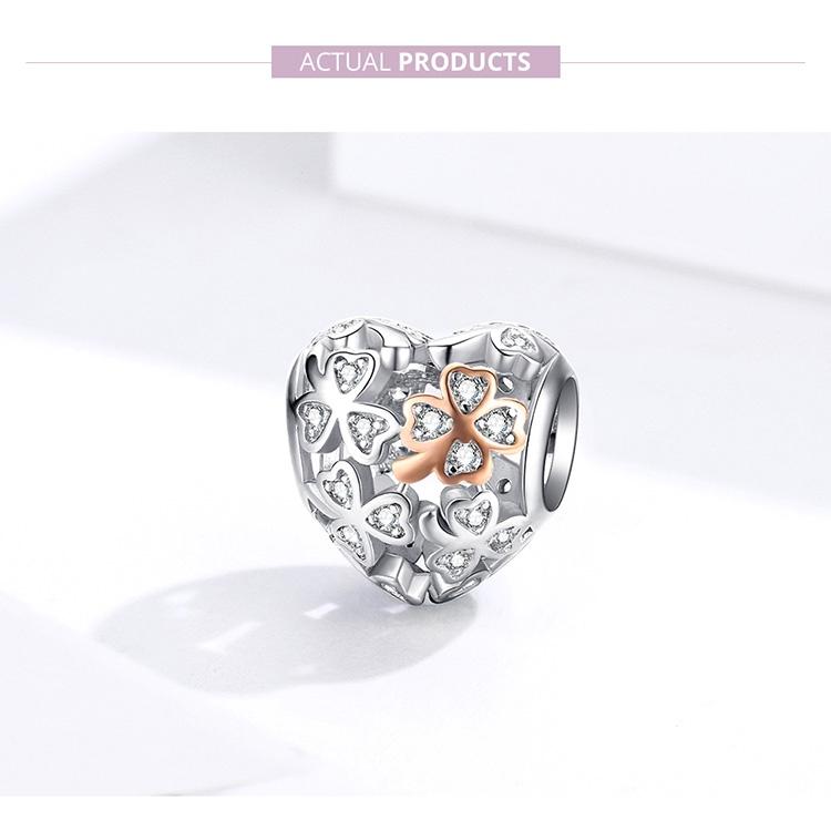 925 Sterling Silver Heart Beaded Clover Bracelet Charm 3
