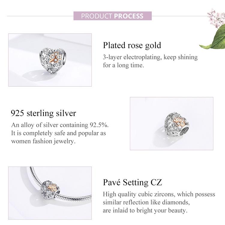 925 Sterling Silver Heart Beaded Clover Bracelet Charm 6