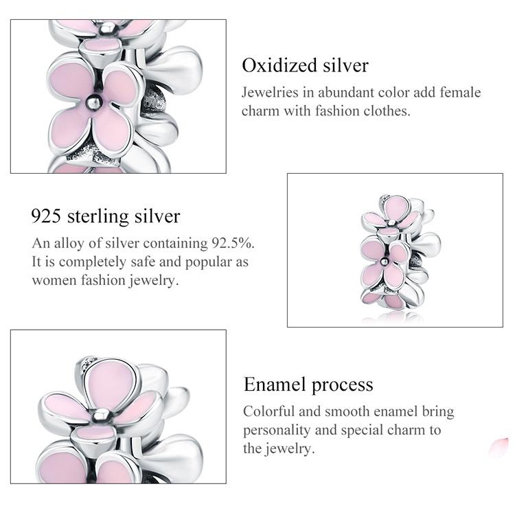 925 Sterling Silver Enamel Flower Charm Bracelet 6