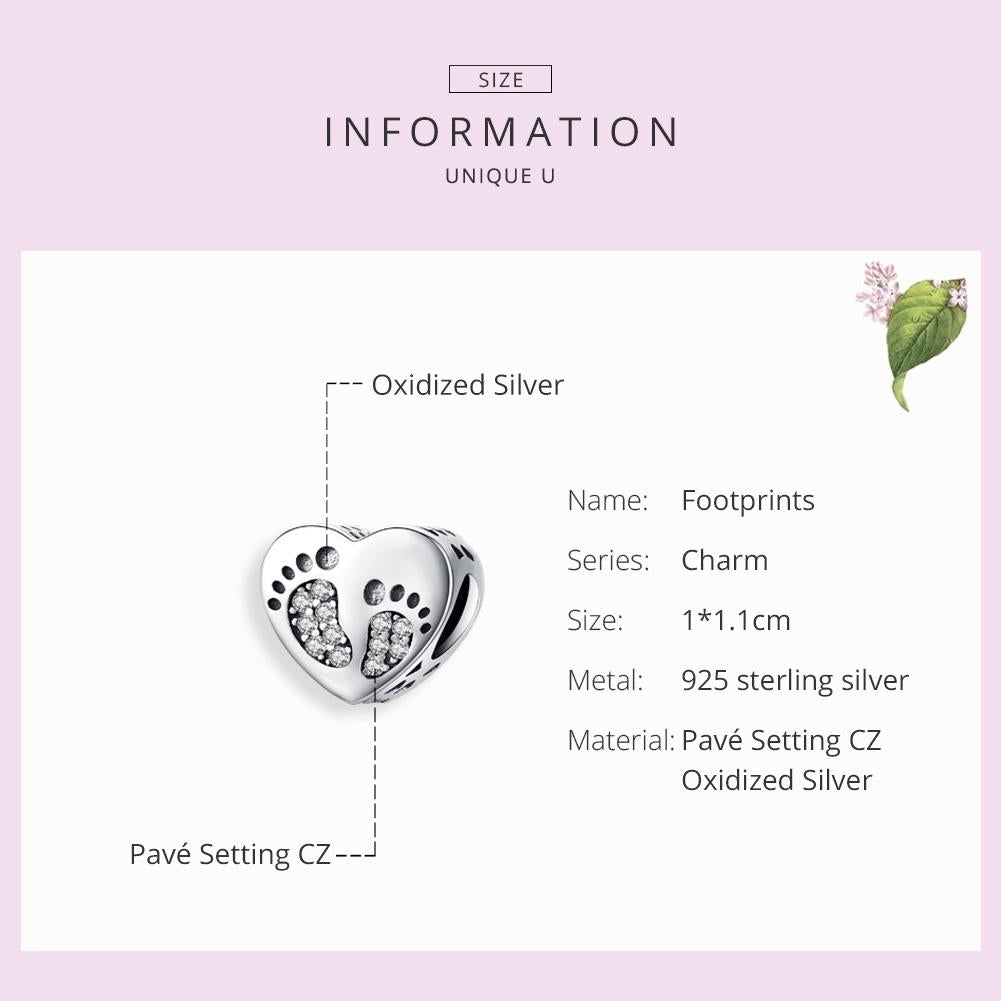 925 Sterling Silver Heart Footprint Beads For Diy Bracelets 6