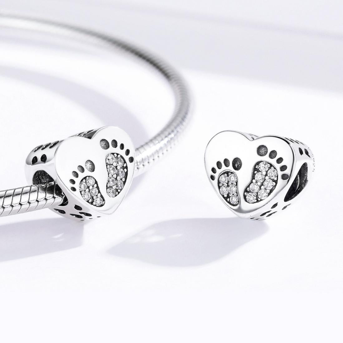 925 Sterling Silver Heart Footprint Beads For Diy Bracelets 7