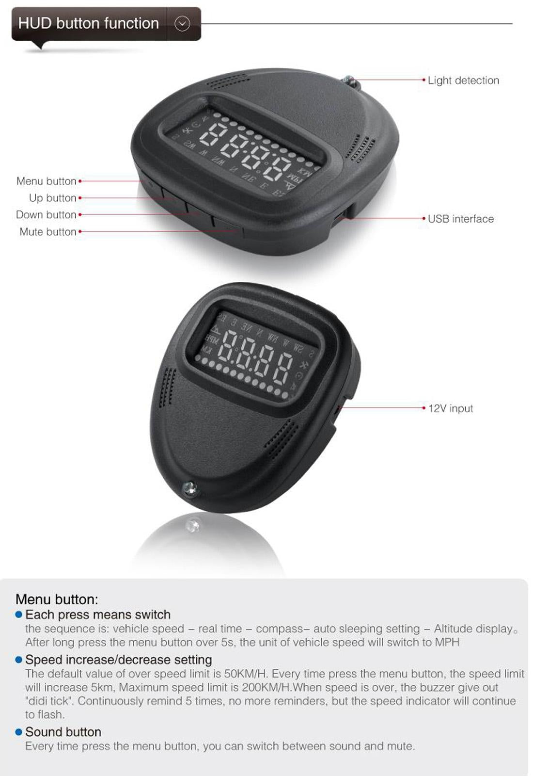2.0 Inch Car Gps Hud Head Up Display Speed Altitude & Alarm Auto Sleep Satellite Signal 7