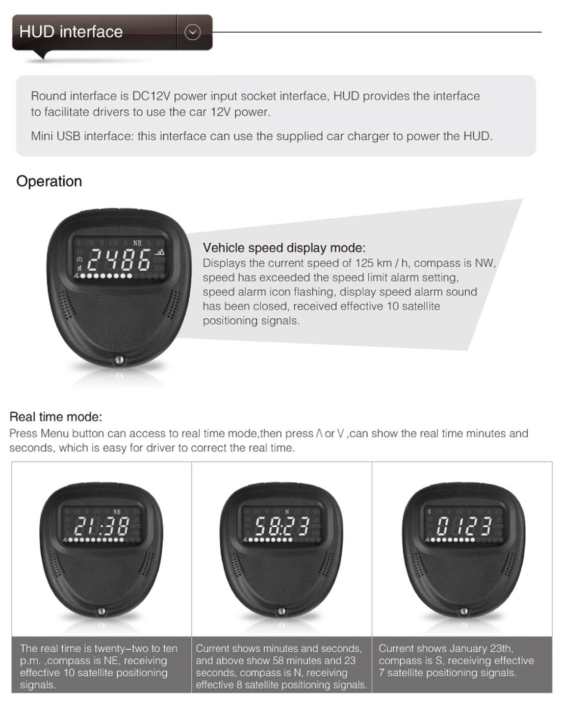 2.0 Inch Car Gps Hud Head Up Display Speed Altitude & Alarm Auto Sleep Satellite Signal 8