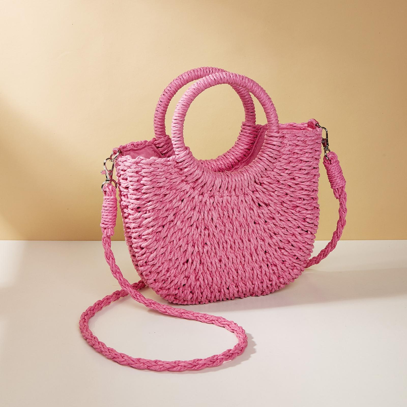 Beige Half Moon Straw Tote Woven Beach Bag - Pink 14