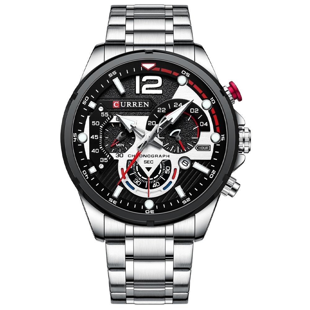 Men Quartz Watch with Six-hand Steel Strap and Calendar - White Shell Black