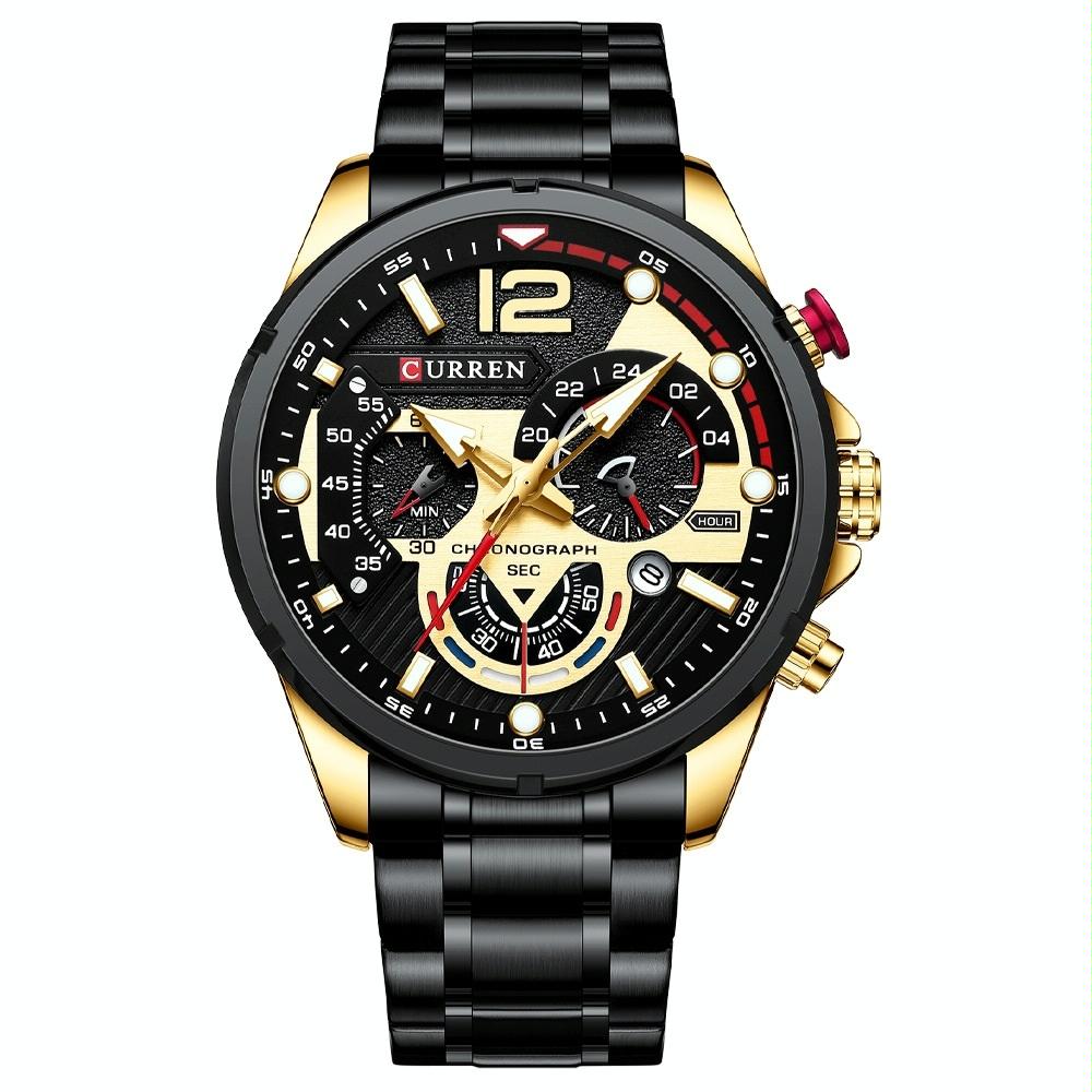 Men Quartz Watch with Six-hand Steel Strap and Calendar - White Shell Black